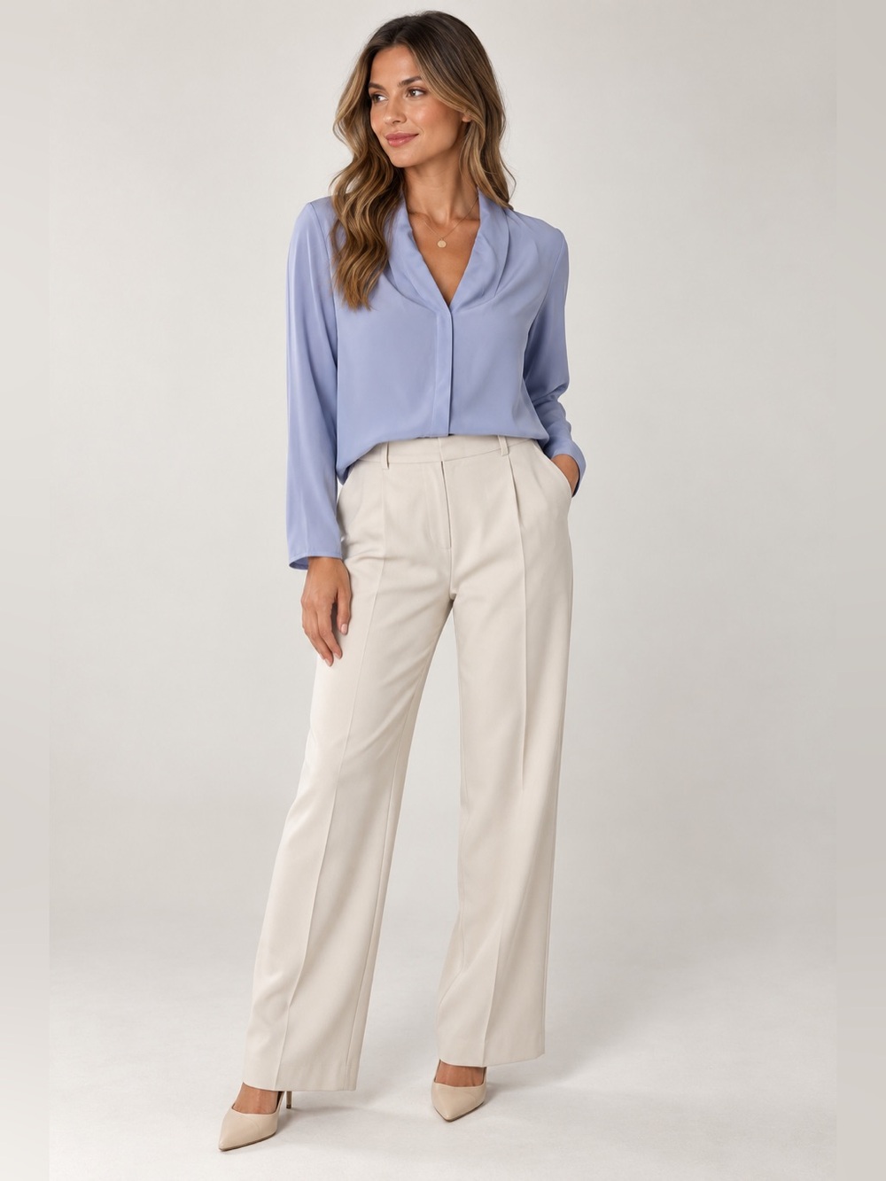 Babaton Draped Neck Blouse – Dusty Periwinkle Blue – Size M